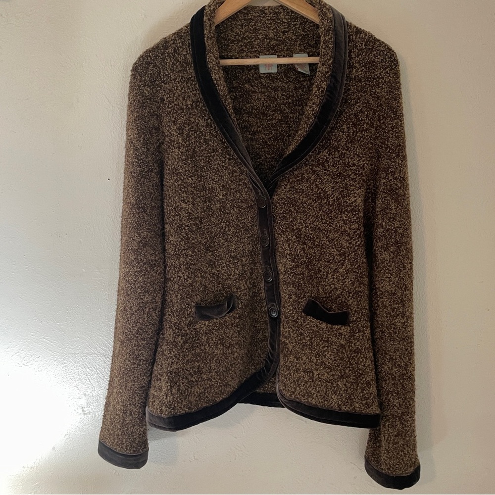 Anthropologie HWR Monogram Brown Marled Velvet Trim Cardigan Sweater Jacket L